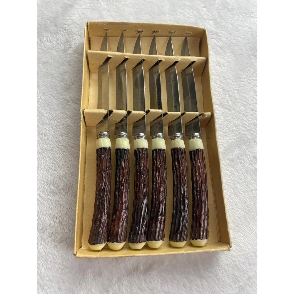 Vintage Set of 6 Faux Stag Handle Steak Knives Rustic Cabin Style Stainless